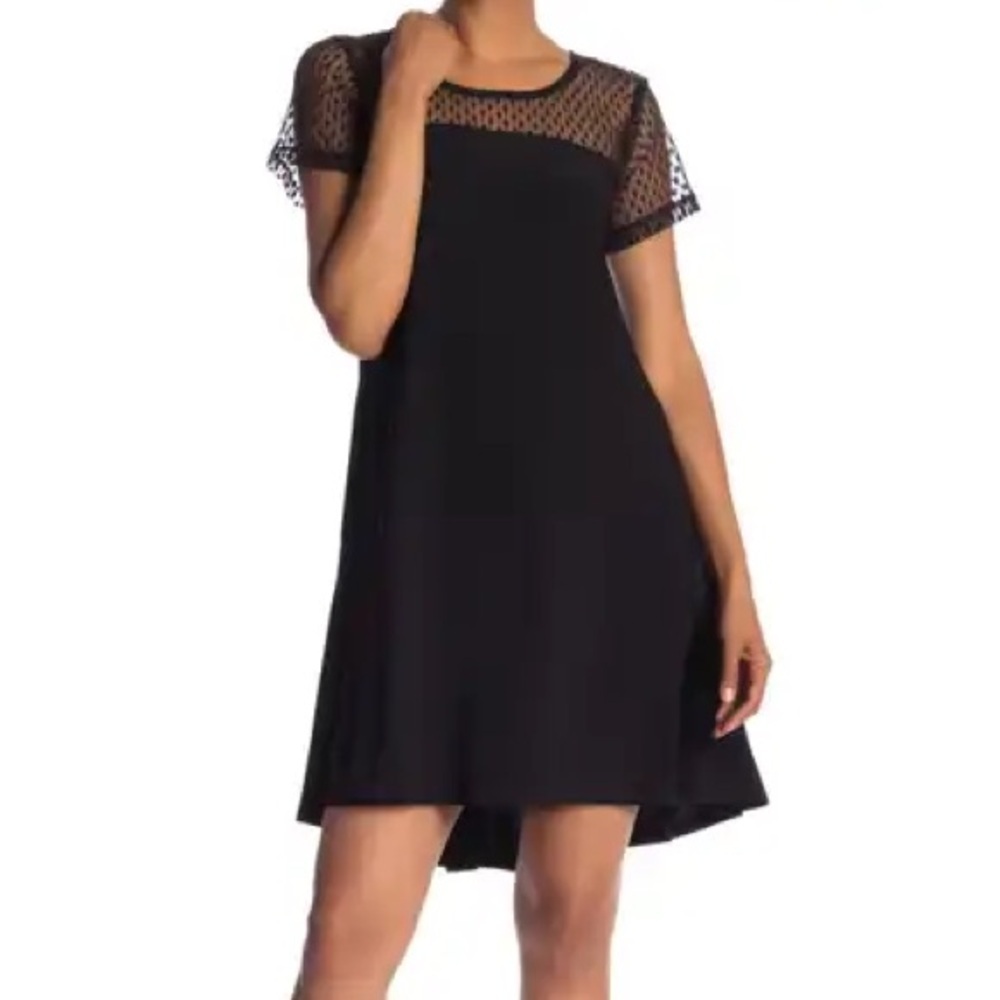 Charming Charlie Women's Size Small Sheath Dress Black Cap Sleeve Sheer Yoke Dot